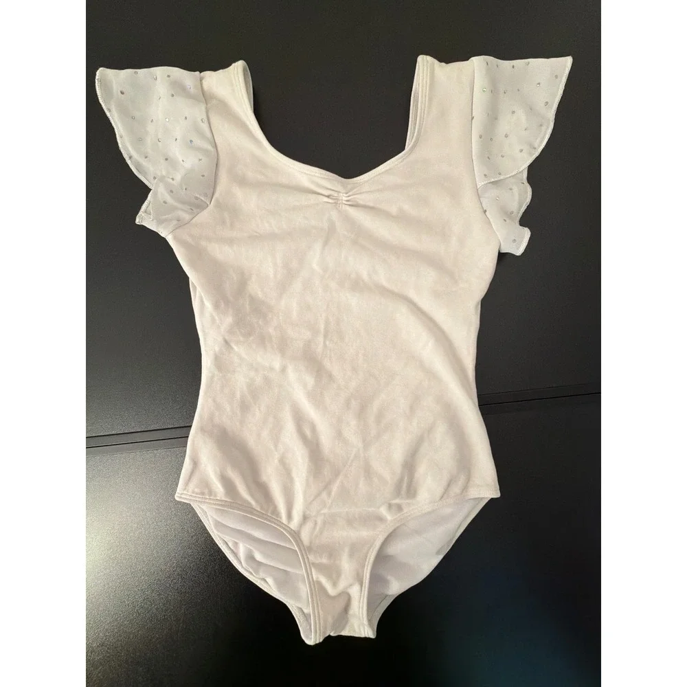 Bloch Leotard Girls S/M 8-10 White Excellent Flutter Sleeve Rhinestone Ballet